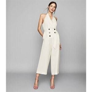 Reiss Giovanna White Sleeveless Halter Double Breasted Wide Leg Jumpsuit Size 2